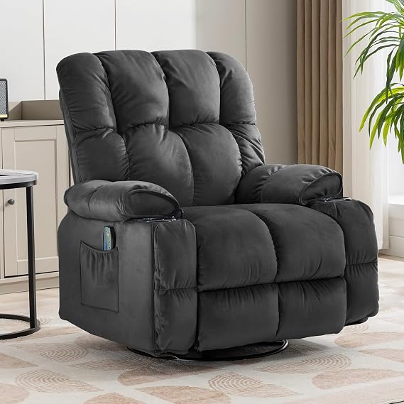 COMHOMA Recliner Chair, Swivel Rocker Recliner with Cup Holders, Heat and Massage, Fabric Recliners Sofa for Living Room (Gray)