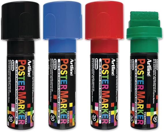Artline Poster Markers, 30 mm Writing Width, Classic Colors, 4 Pack (EPP-30-4W2)