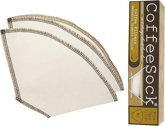 CoffeeSock Reusable Coffee Filters - #6 Cone Drip and Pour-Over (2 Filters) - Organic Natural Cotton Coffee Filters Made in the USA - Ultra-Durable 2 Year Filter Set - Eco-Friendly Compostable Cloth