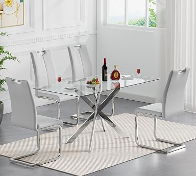 Henf 5 Piece Dining Table Set for 4, 51in Rectangle Dining Table and 4 Pcs PU Dining Chairs Set, Glass Dining Room Table wMetal Legs, Glass Kitchen Table and Chair Set for 4 Silver&Gray, 5 PCS