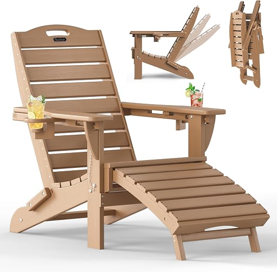 Adjustable Adirondack Chairs with Retractable Ottoman, HDPE Folding Adirondack Chair with 2 Cup Holders,Weather Resistant for Backyard, Poolside & Fire Pit (Teak)