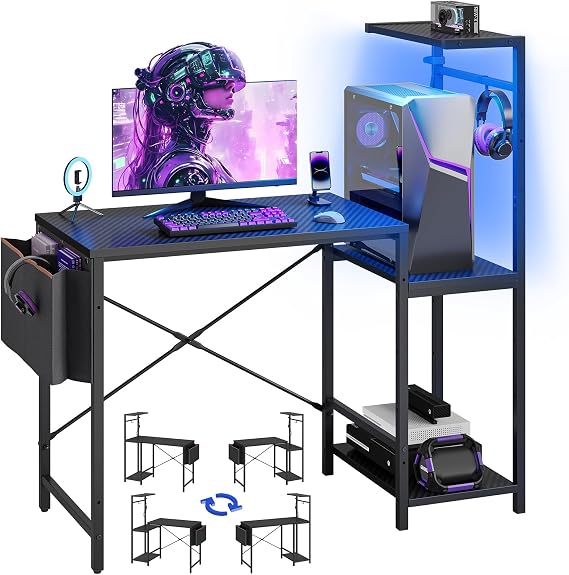Bestier Gaming Desk with LED Light, Reversible Computer Desk with Adjustable Storage Shelves