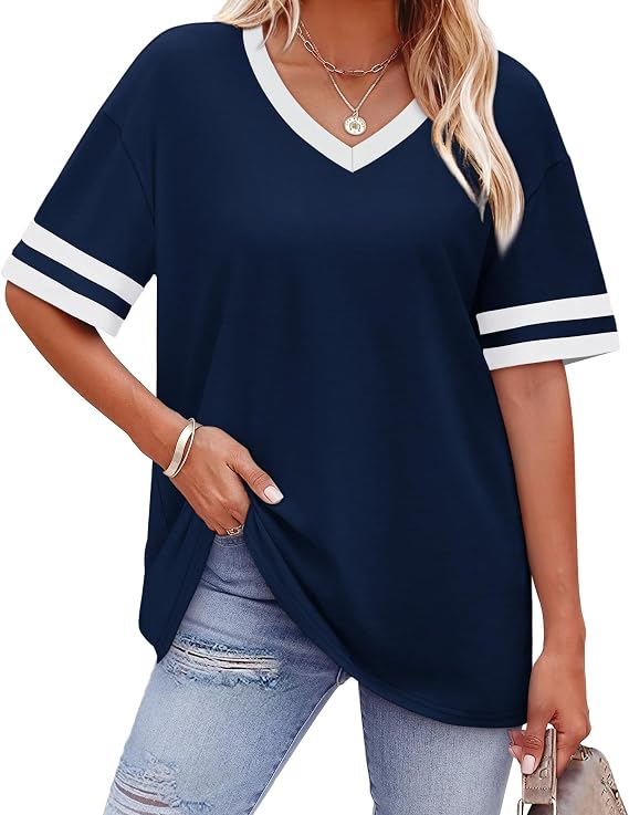 WIHOLL Womens T Shirts Loose Fit Short Sleeve Tees V Neck Color Block Summer Tops 2026 Fashion S-4XL