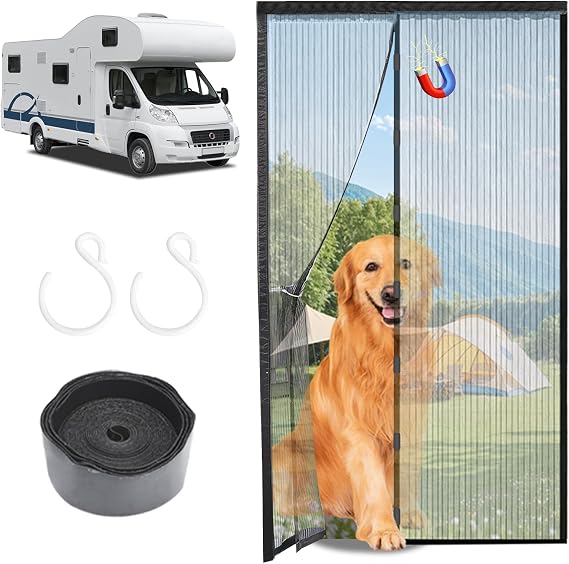 Rv Screen Door Mesh with Hooks,Magnetic RV Door Mosquito Net Screen with Magnet Compatible with Forest River,Grand Design,Keystone,Jayco,Coachmen - Black Bug Screen for Camper Doorway