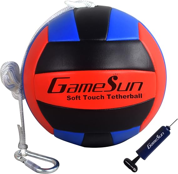 Tetherball Ball and Rope with Carabineer, Soft Touch, Portable Tetherballs with Soft Rope