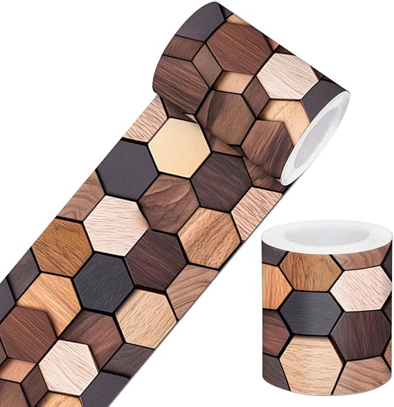 IVN Wallpaper Border Peel and Stick Wall Rustic Wood Hexagon 4x196 Inch | Wall Trim Self Adhesive Borders for Walls Mirror Border Frame Accent Strip for Bedroom Kitchen LivingRoom Decor