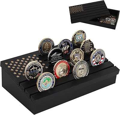 Samplife Coin Rack,Challenge Coins Display Stand Shelves Wooden Army Collectible Coins Holder Rack Case 6 Row Display American Flag