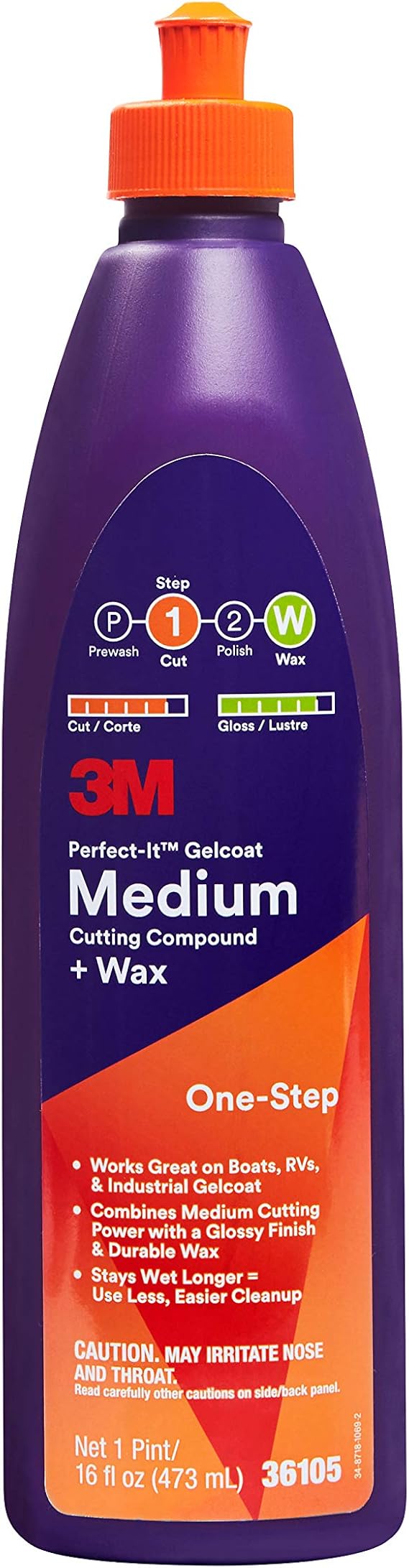 3M Perfect-It Gelcoat Medium Cutting Compound + Wax, 36105, 1 Pint, One-Step Process, P1500 and Finer Scratches, Fiberglass Oxidation Remover for Boats and RVs , White