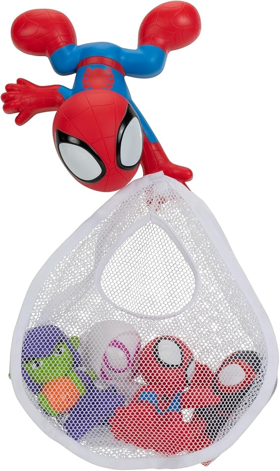 Marvel Spidey and His Amazing Friends Bath Toy Set - Spidey Wall Mount with Web Net and Four Bath Squirters