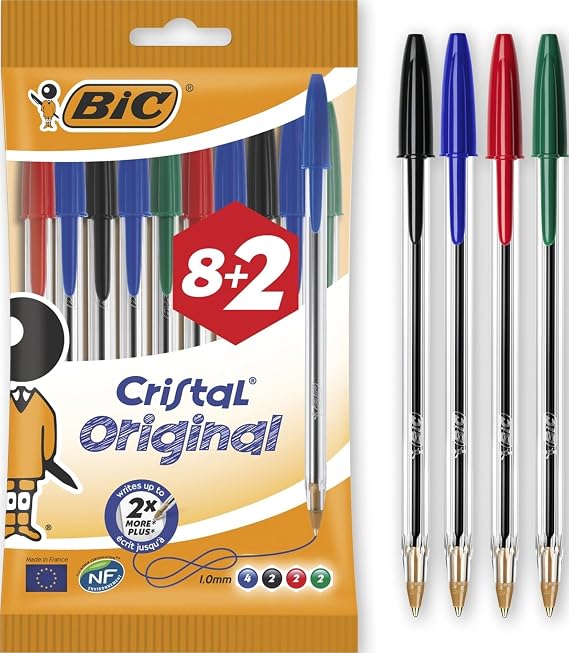 BIC Cristal Original Ballpoint , Comfortable Biro Pens, Medium Point (1.0mm), Assorted Colours, Pack of 10