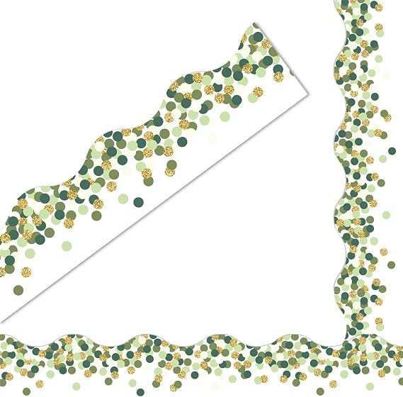 JarThenaAMCS 72Pcs Sage Green Dot Bulletin Board Borders Green Gold Dots Self-Adhesive Border Trim Confetti Rolled Scalloped Classroom Decoration for Back to School St. Patrick's Day Decor