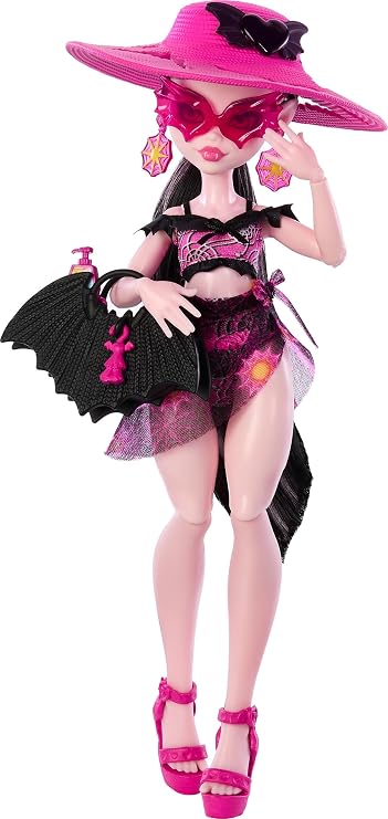 Monster High Scare-adise Island Draculaura Doll with Swimsuit Sarong &amp; Beach Accessories such as Hat Sun Protection &amp; Carry Bag Pink Red