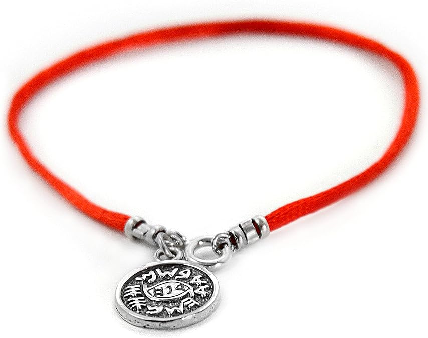 MIZZE Made for Luck Men's 8" Sterling Silver Evil Eye Protection Charm Bracelet - Red Silk String Bracelet with King Solomon Amulet