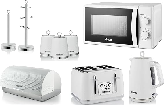 Swan Elegance White 1.7L Kettle, 4 Slice Toaster, Breadbin, 3 Canisters, Mug Tree, Kitchen Roll Holder & 700W 20L Microwave SM4420WHT. Contemporary Matching Kitchen Set of 9 Textured White Finish