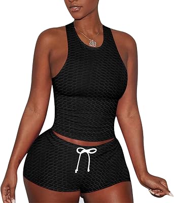 Short Sets Women 2 Piece Outfits, Textured Tracksuit Tank Crop Top Bodycon Shorts Workout Sports Set