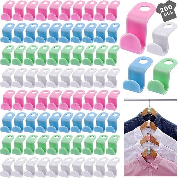 200PCS Clothes Hanger Connector Hooks,Space Saving Hanger Hooks,Heavy Duty Cascading Hanger Extender Hooks,Plastic Hangers Extenders Connection Hooks for Closet Wardrobe Organiser(Multicolor)
