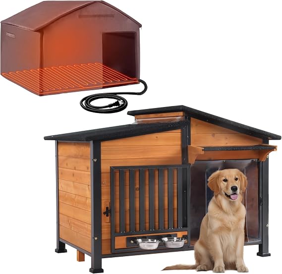 Chew-Resistant Dog House with Metal Frame, Wooden Kennel for Indoor & Outdoor Use, Waterproof Roof & Feeding Bowls Included (Wood, XL-in)