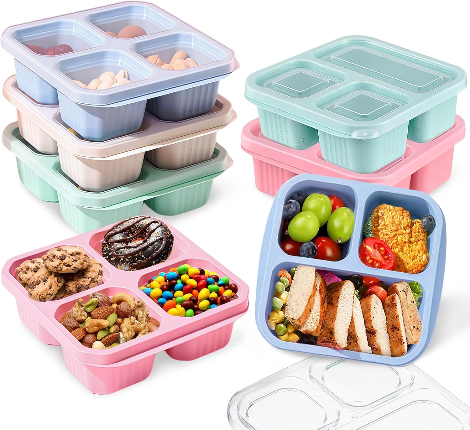 7 Pack Snack Box with Compartments, Snack Boxes for Kids, Reusable Bento Lunch Boxes with Transparent Lids, Kids Adults Leakproof Divided Food Storage for School Work Travel PinkBeigeGreenBlue