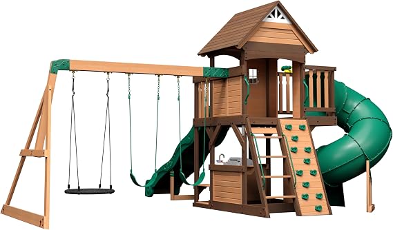 Backyard Discovery Cedar Cove Cedar Wood Swing Set with Spiral Tube Slide, Wave Slide, Clubhouse, Toy Grill, Snack Bar, Rock Wall, Belt Swings, Web Swing, Balcony, Chalkboard, Ladder, Outdoor Playset