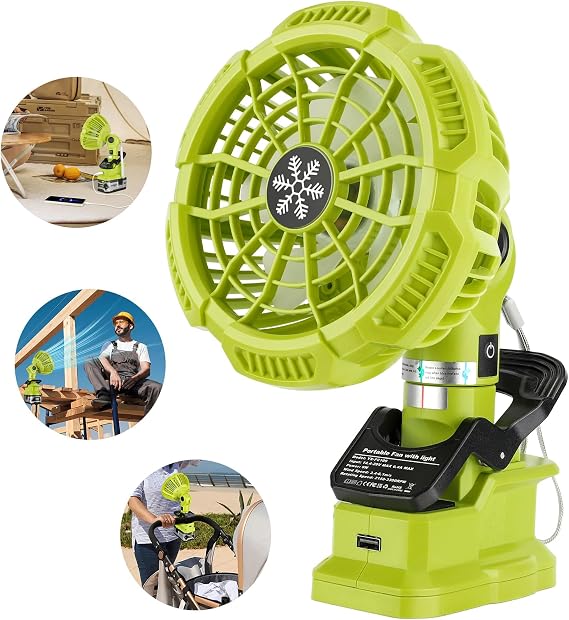 YEX-BUR Portable Clip on Fan for Ryobi 18v Battery, Clamp Fan with USB Port