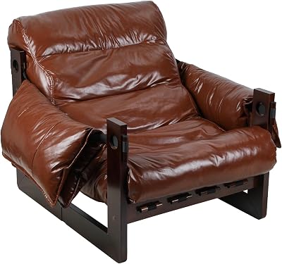 Brown Leather Lounge Chair, Midcentury Modern Accent Chair with Removal Cushion, Faux Leather Comfy Upholstered Chair for Living Room, Bedroom, Reading Room