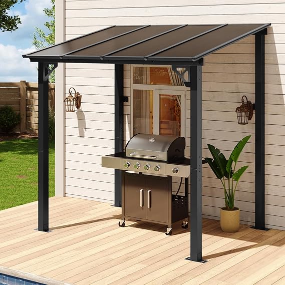 Aoxun 8x5 Gazebo for Patio, Gazebo Pergola with Sloped Roof, Black | Heavy Duty Aluminum Frame Lean to Gazebo, Wall Mounted Gazebos Pergola on Clearance, Awnings for Patio, Decks, Backyard