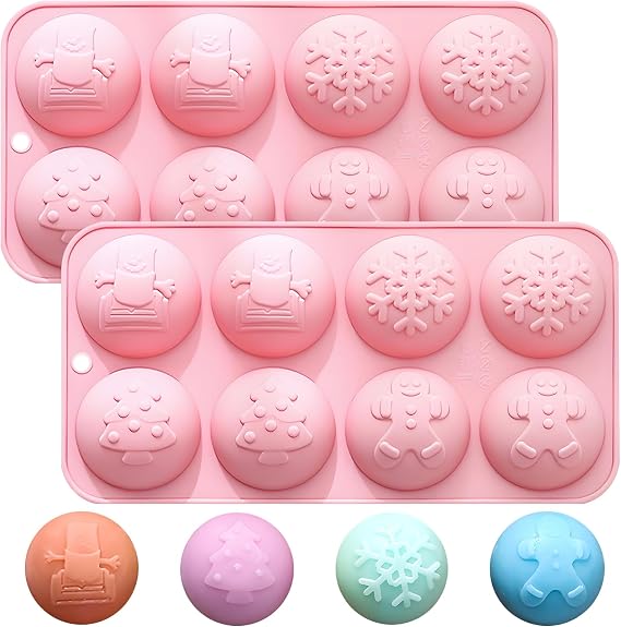 Christmas Silicone Mold Set, 8-Cavity, 23x12 cm, Pink, 2 Pack | Snowflake & Gnome Design, Gingerbread Man Shape, Easy to Clean, Soap & Candy Making, Reusable Silicone