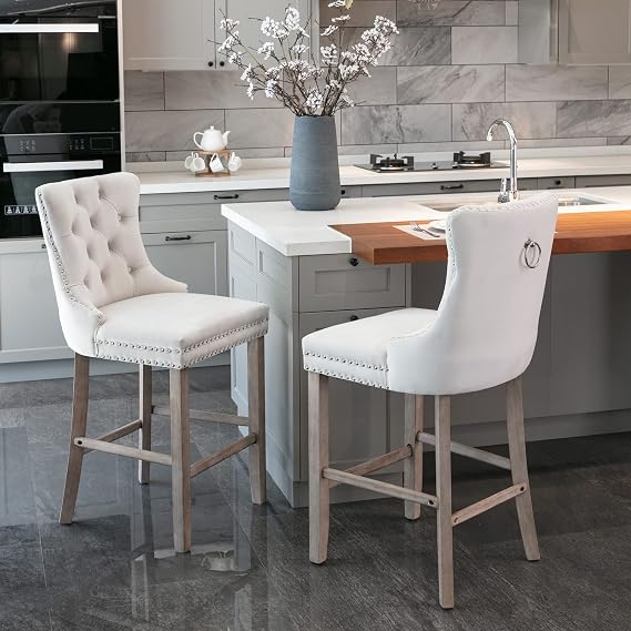 extrasleep Beige Modern Velvet Upholstered Bar Stools Chairs Set of 2