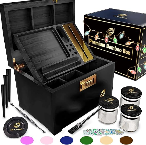 HOVANZO Premium Large Bamboo Storage Box with Organizer Tray - Storage Wood Box and Accessories - Decorative Box with Combination Lock - Large Wooden Container - Box Kit with Glass Jars