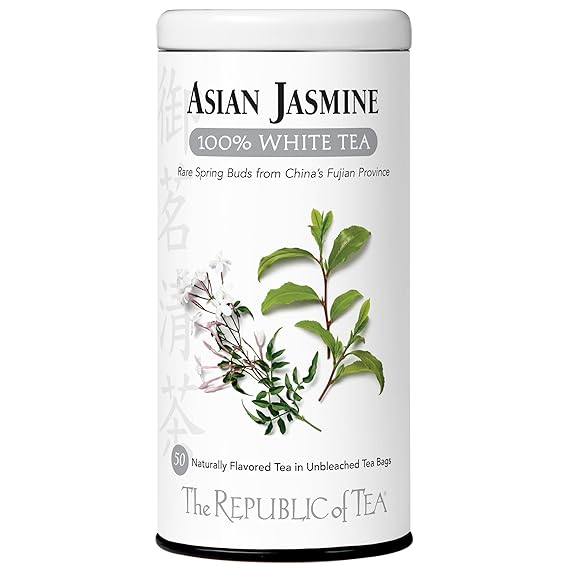 The Republic of Tea Asian Jasmine 100% White Tea Bags, Steeps 50 Low-Caffeinated Cups