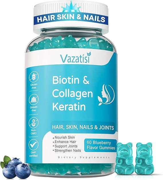 Biotin Gummies with Collagen & Keratin for Hair Skin Nails- Supports Hair Growth and Stronger Nails, Women Men, Kids - 60 Blueberry Flavored Gummies