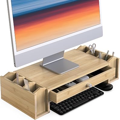 2-Tier Monitor Stand Riser with Drawer and Pen Holder, Laptop Computer Stand with 6 Vertical Compartments Desk Organizer with Storage for 27,24,21 inch Monitor, iMac - Natural Bambo