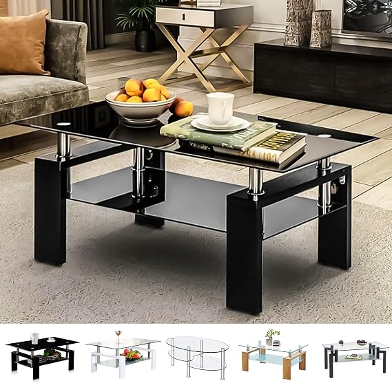 Glass Coffee Table 2-Tier Rectangular Black-A