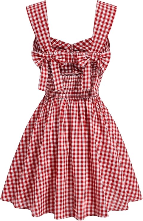 Floerns Women's Plaid Ruched Bust Sleeveless Bowknot Pleated Short Dresses | Checkered Gingham Print, Mini, Dance, Vacation, Summer, Y2K Vintage Sundress