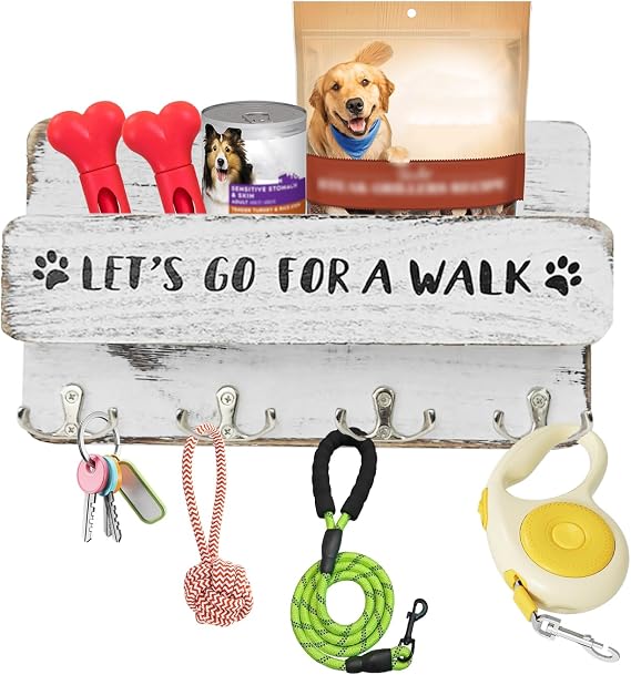 Wood Dog Leash Holder for Wall, Key Hanger with 4 Double Key Hooks
