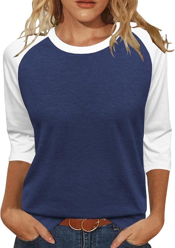 Heymiss Womens Tops 3/4 Sleeve Shirts Round Neck Loose Casual Tshirts