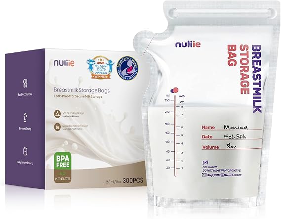 Nuliie 300 Pcs Breastmilk Storage Bags Freezer, 8 OZ Breast Milk Storing Bags, BPA-Free, Milk Storage Bags with Pour Spout for Breastfeeding, Self-Standing Bag, Space Saving Flat Profile | Milk Storing Bags with Pour Spout for Breastfeeding, Self-Standing Bag, Space Saving Flat Profile