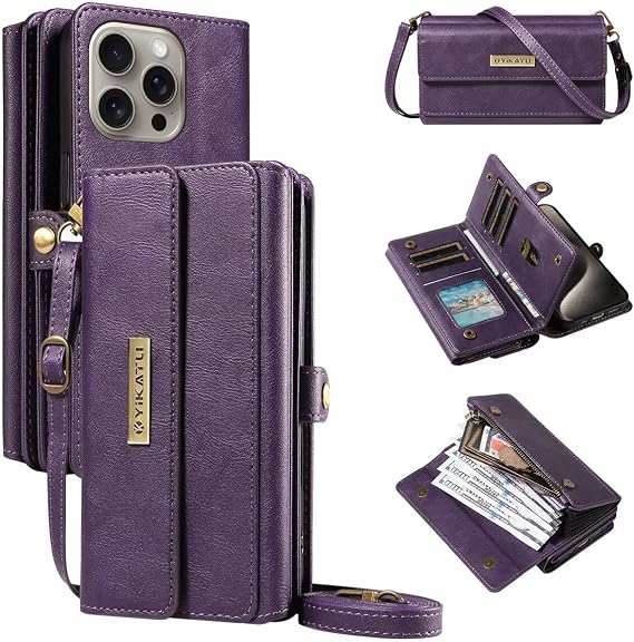 Miagon Crossbody Wallet Case for iPhone 11 Pro,Magnetic PU Leather Flip Phone Cover RFID Blocking 14 Card Holders Zipper Shoulder Purse for Men Women Purple