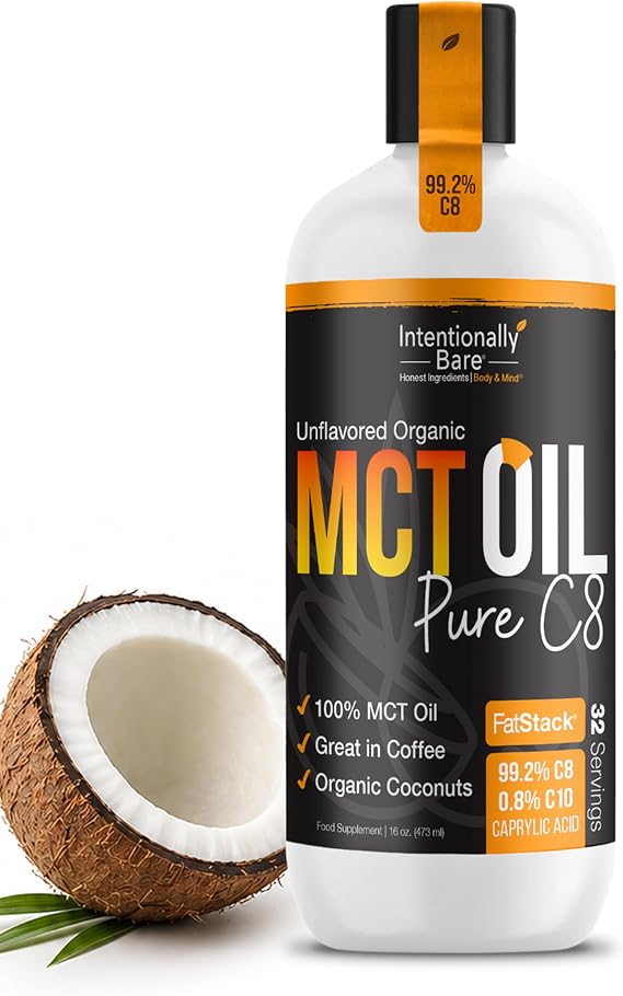 Intentionally Bare Organic C8 MCT Oil - Keto Paleo Vegan - Unflavored 16oz