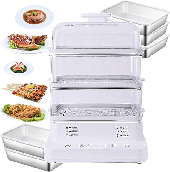 800w Electric Food Steamer 3-Tier With Steam Rack | Non-Stick Rice Cookers 24h Reservation Steam Cooker | Kitchen Steamer For Meals Cereals - With 5 Stainless Steel Box Fish