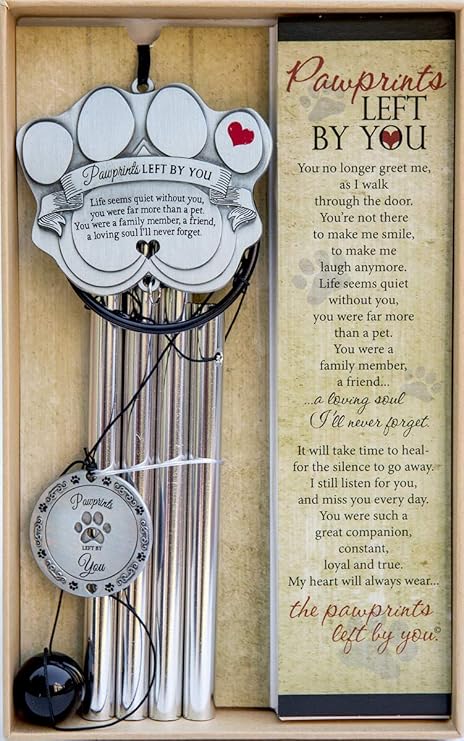 Pet Memorial Wind Chime - 18" Metal Casted Pawprint Wind Chime - A Beautiful Remembrance Gift for a Grieving Pet Owner - Includes Pawprints Left by You Poem Card