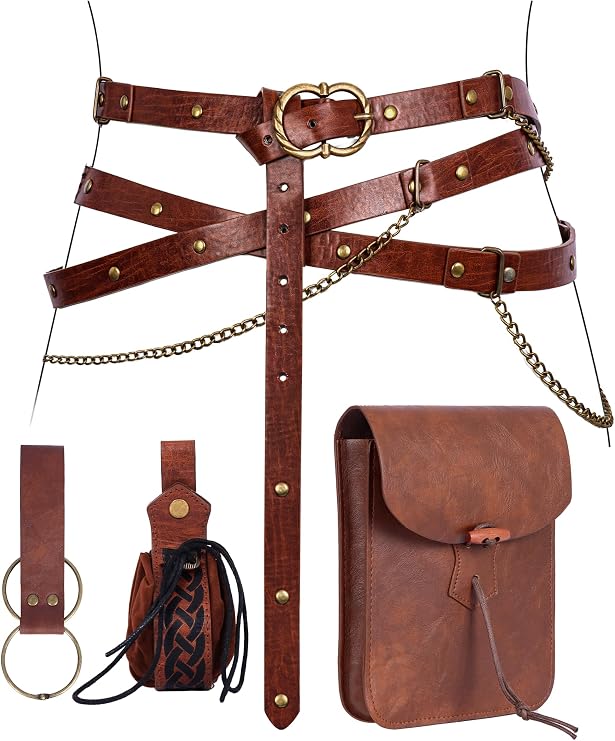Medieval Belt with Renaissance Bag & Detachable Chains, Vintage Faux Leather Waist Pouch Dresses Belt