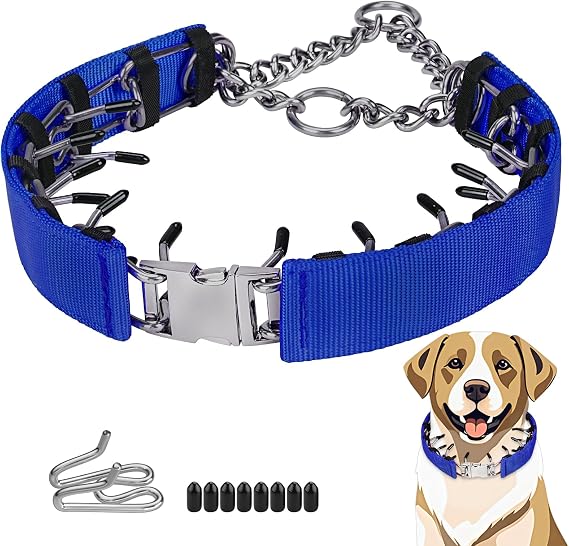 Pinch Prong Collar for Large Medium Small Dogs, Stainless Steel Choke Collar for Dogs with Qucik Release Buckle Blue S