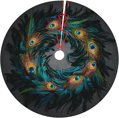Christmas Wreath Green Blue Peacock Feathers 36 Inch Christmas Tree Skirt Carpet Mat Funny Party Decor Supplies for Xmas Halloween Decorations Occasion ornament
