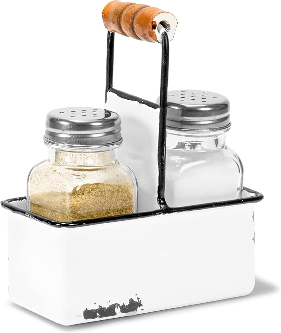 Red Co. Glass Salt & Pepper Shakers in Enamelware Metal Carrying Caddy with Wooden Handle, White/Black Rim