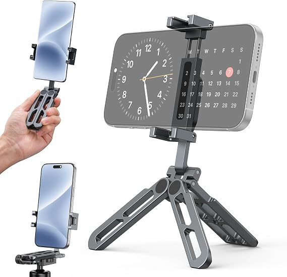 Phone Tripod Stand Foldable, PT-05 Pocket Cell Phone Tripod Mount Handle Smartphone Desk Stand Travel All in One Vlog Video Aluminium 2 Cold Shoe Small Size Lightweight Portable Stick