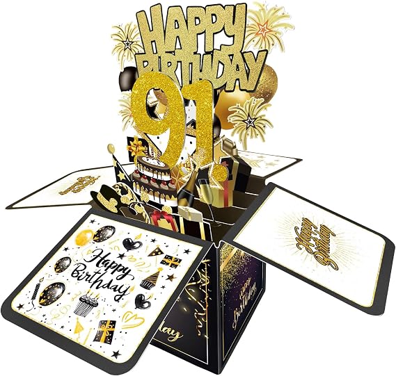 Joycard 91st Birthday Card, 91st Birthday Decorations for Women Men, Happy Birthday 3D Cards for 91 Year Old Grandpa Grandma, Birthday Gift Box for Mother Dad