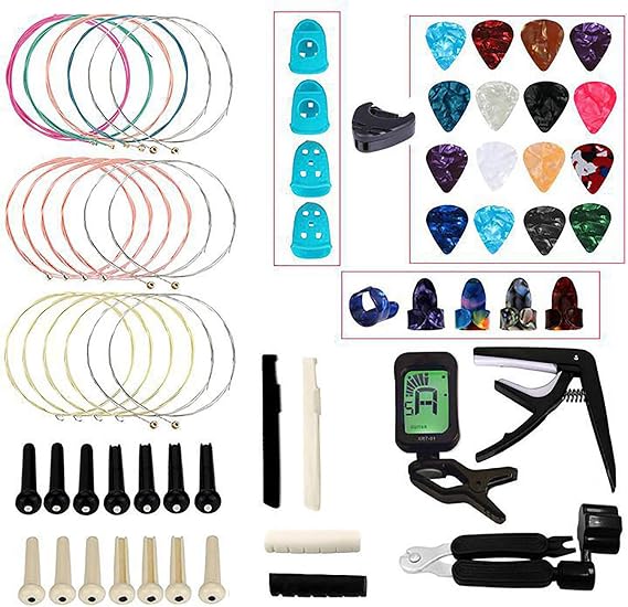 Vilihkc 65 PCS Guitar Accessories Kit Including Guitar Strings, Picks, Capo, Thumb Finger Picks, String Winder, Bridge Pins, Pin Puller, Pick Holder, Finger Protect