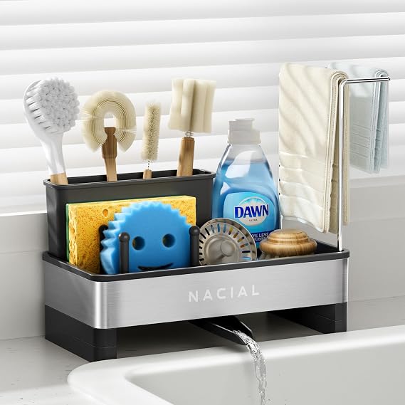 Nacial Kitchen Sink Organizer, Sink Caddy with Sponge & Tall Brush Holder