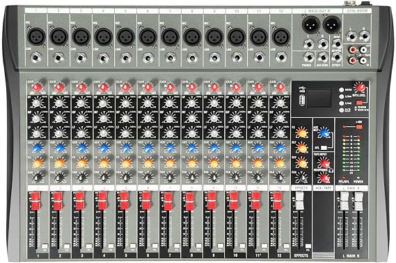 Bluetooth Audio Mixer, Sound Mixing Console with USB Audio Interface, MP3 Jack, 12-Channel Bands Mixing Boards for Home KTV, Bars, Studio Recording (12-Channel)